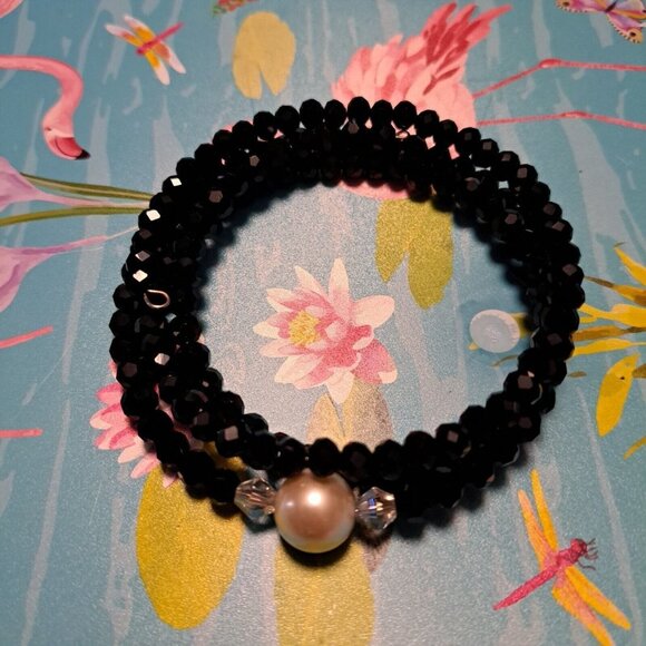 Handmade Artisan Memory Wire Wrap Bracelet, Faux Pearl, Black Crystals, women - Picture 2 of 3